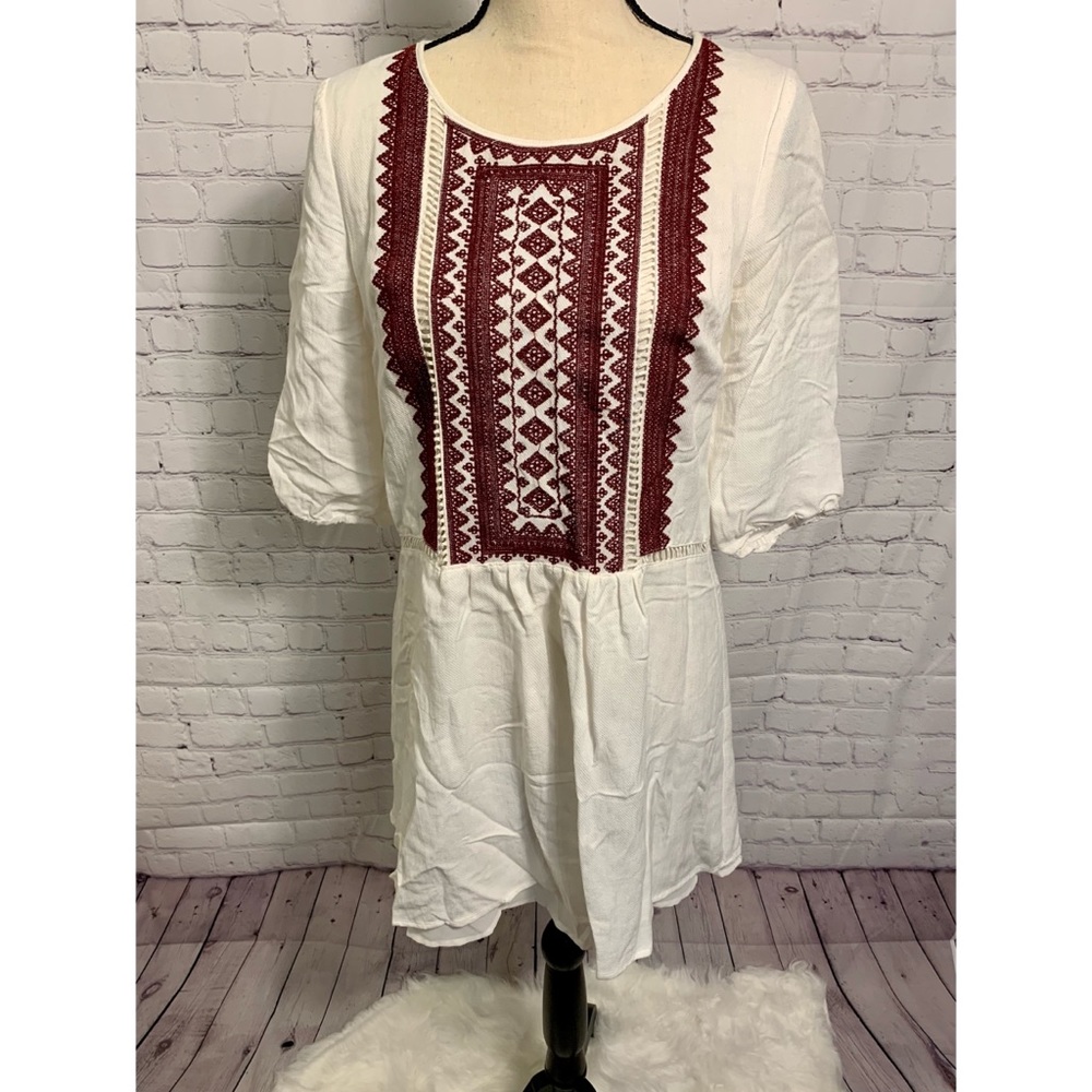 Altar’d State Dress |Sz XS| Cream Midi Dress w Maroon Embroidery Detail